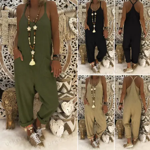 

Women Cotton Linen Overalls Jumpsuit Strap Rompers Dungaree Loose Trousers Jumpsuits Solid Pockets Long Ladies Casual Bodysuits