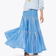 Весна взлетно-посадочной полосы Дизайнерские Длинные юбки для женщин женские элегантный оборками синего цвета в полоску, с высокой талией плиссированные макси юбка Faldas