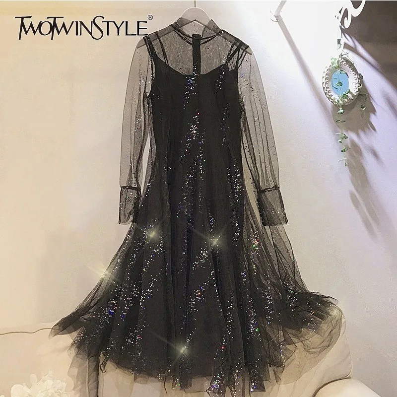 

TWOTWINSTYLE Elegant Dress Women Turtleneck Long Sleeve Patchwork Sequins Loose Mesh Dresses Female 2019 Spring Fashion Clothes