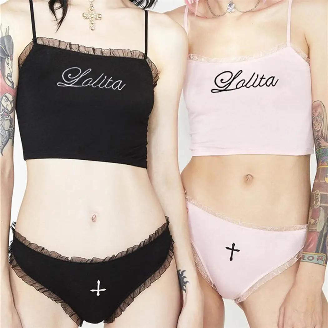 

Women Casual Strapless Collar Sleeveless Letter Slim Print Spaghetti Lace Summer Strap Bra Set Briefs