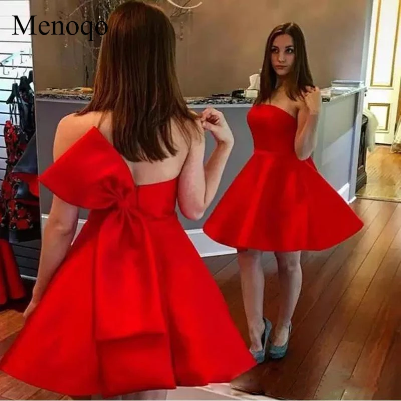 Menoqo красное мини-платье трапециевидной формы без бретелек сзади с галстуком-бабочкой для выпускного вечера атласное короткое коктейльное платье вечерние платья для выпускного вечера