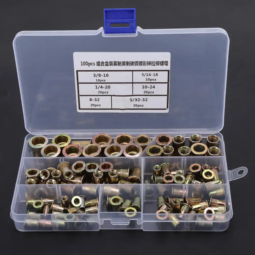 

100Pcs Hand Riveter Plated Carbon Steel Flat Threaded Rivet Nut Flange Rivet Nut sert Tool kit Hardware Fastener High Quality