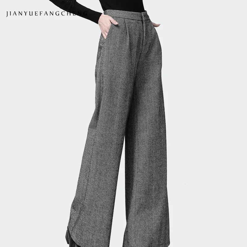 Office Ladies Pants Trousers Gray Long Wide Leg Winter Pants Women Plus Size 2019 Warm High Waist Wool Pants Pantalon Striped Office Ladies Pants Trousers Gray Long Wide Leg Winter Pants Women Plus Size 2019 Warm High Waist Wool Pants Pantalon Striped