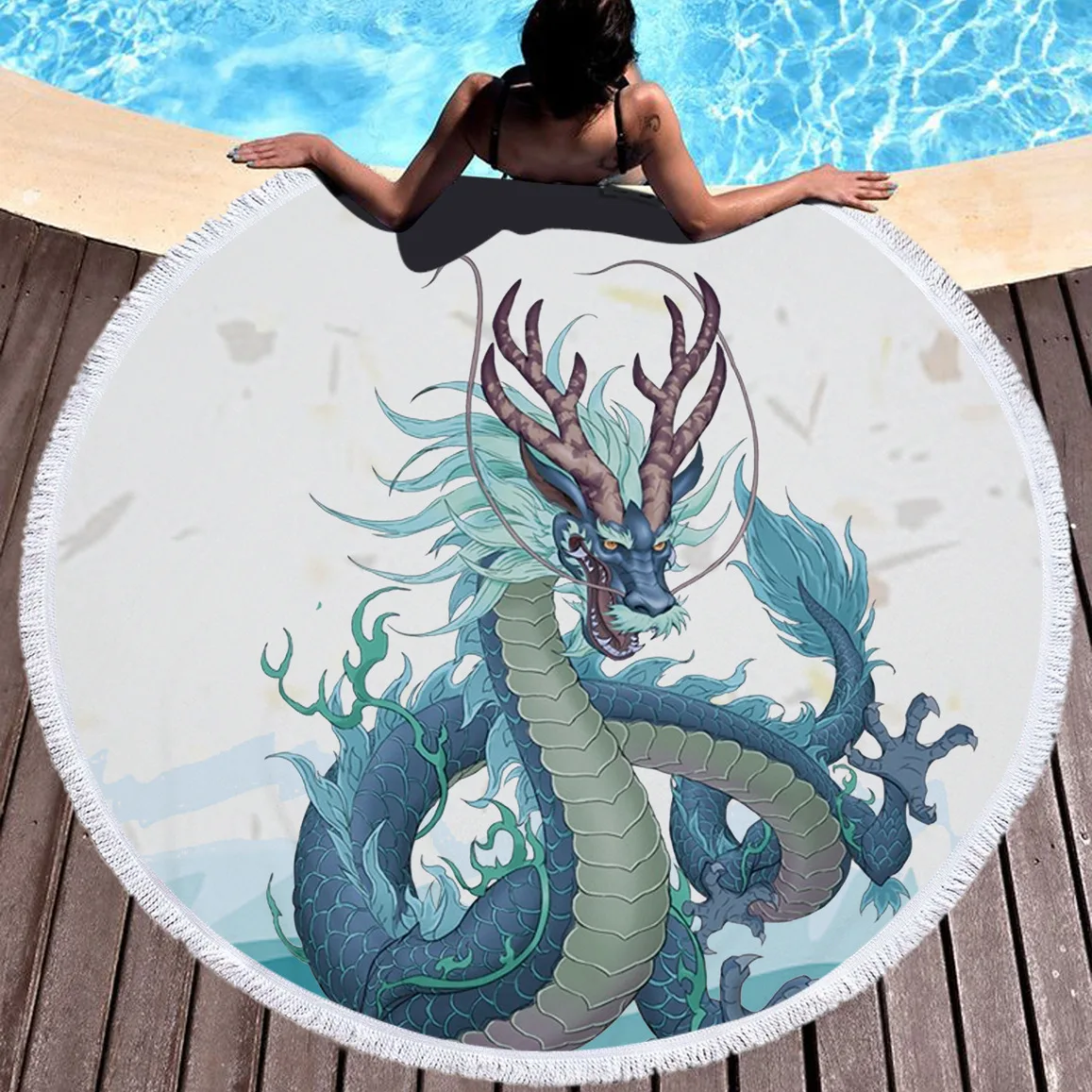 

Chinese Traditional Style Dragon Large Cartoon Printed Round Beach Towel Microfiber Terry Cloth Beach Blanket Mat Bath Towel