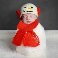 Новорожденный реквизит аксессуары милая детская шапка + мохеровый шарф Набор теплые детские ушки Снеговик шапки вязаные детские подарки