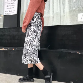 

Autumn Woman 2019 New Pattern Stripe Printing High Waist Bandage A-Line Skirt