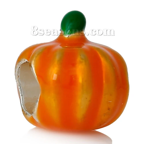 

European Large Hole Charm Beads Halloween Pumpkin Green & Orange Enamel About 11mm x 10mm,Hole about:4.7mm,5 PCs