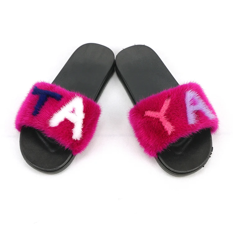 

Free shipping Women mink Fur Slippers Mixed Colors Real Fur Slides Female Sandals With Fur Home Cute Plush Shoes