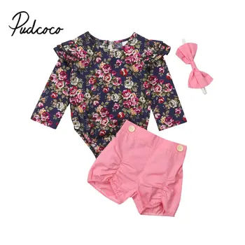

pudcoco 2019 Baby Girl Clothes Newborn For Female Outfit Infant Clothing Set Flower Romper+Short+Headband 3pcs