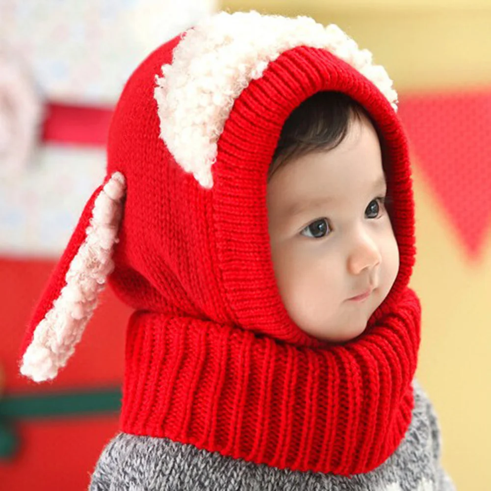 Детские зимние шапки с заячьими ушками, милая вязанная шапка для мальчика, шапка для мальчика, теплая шапка для младенца, вязаный шарф с капюшоном, комплект, шапка с ушками