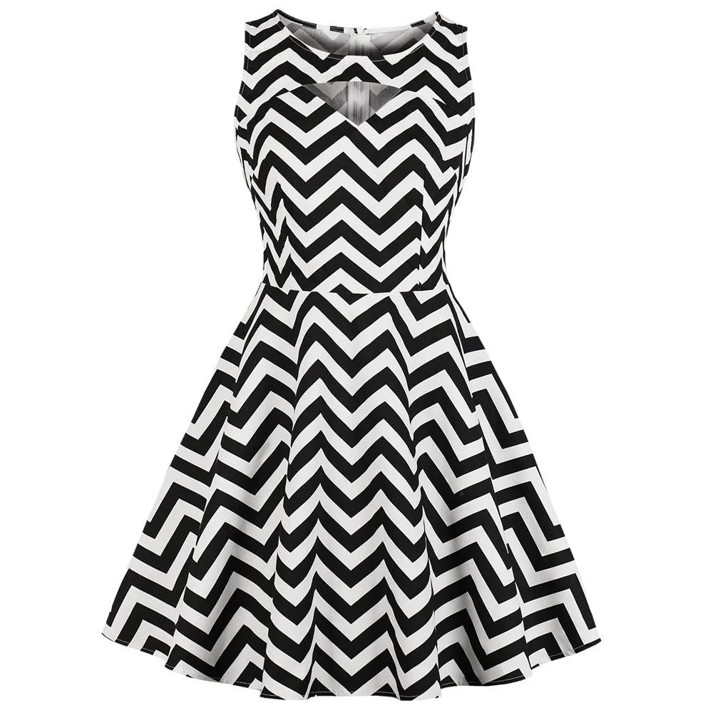 

Black White Waves Stripe Print Women Office Dress Round Neck Sleeveless Vintage Dress Rockabilly Swing Feminino Vestidos