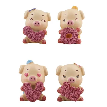 

4 Pcs/set Kawaii Animal Pig Resin Action Figure Model Toy Anime Rose Love Collection Ornament Toy