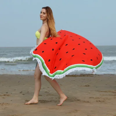 

150cm Summer Large Pizza Watermelon Beach Towel Round Circle Microfiber Tassel Blankets Donut Pineapple Fruit Skull Bath Towel