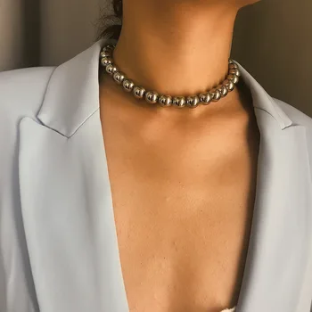 

Hyperbole Metal Round Beads Choker Necklaces for Women Gold Silver Color 2019 Fashion Jewelry Short Necklace Female Gift New Hot