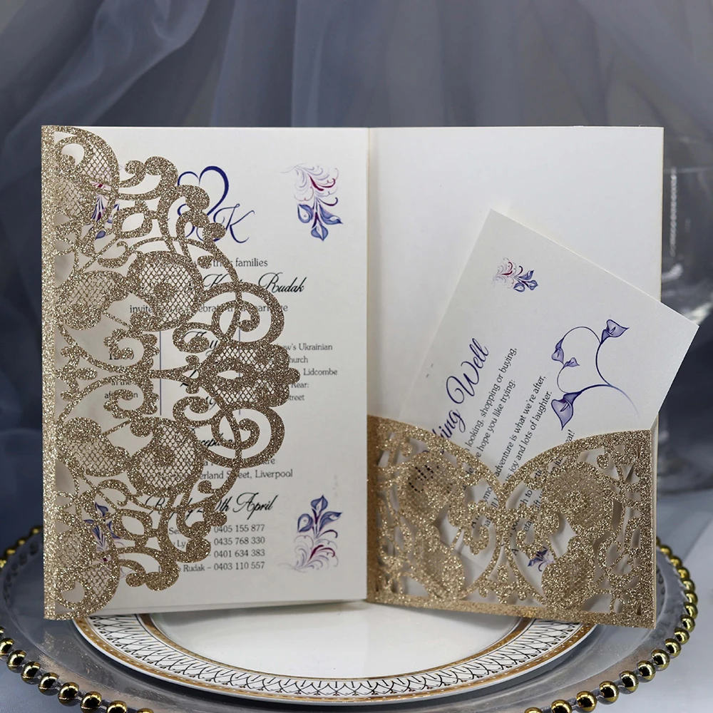  10Pcs Pearl PaperLaser Cut Invitations Cards Kits pearl paperfor Wedding Bridal Engagement Shower B - 32992206349