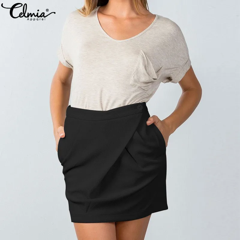 

Celmia 2019 Plus Size Short Skirts Women Autumn Elegant Office Lady Sexy Mini Skirt Casual Pockets Elastic Knit Skirts Femininas