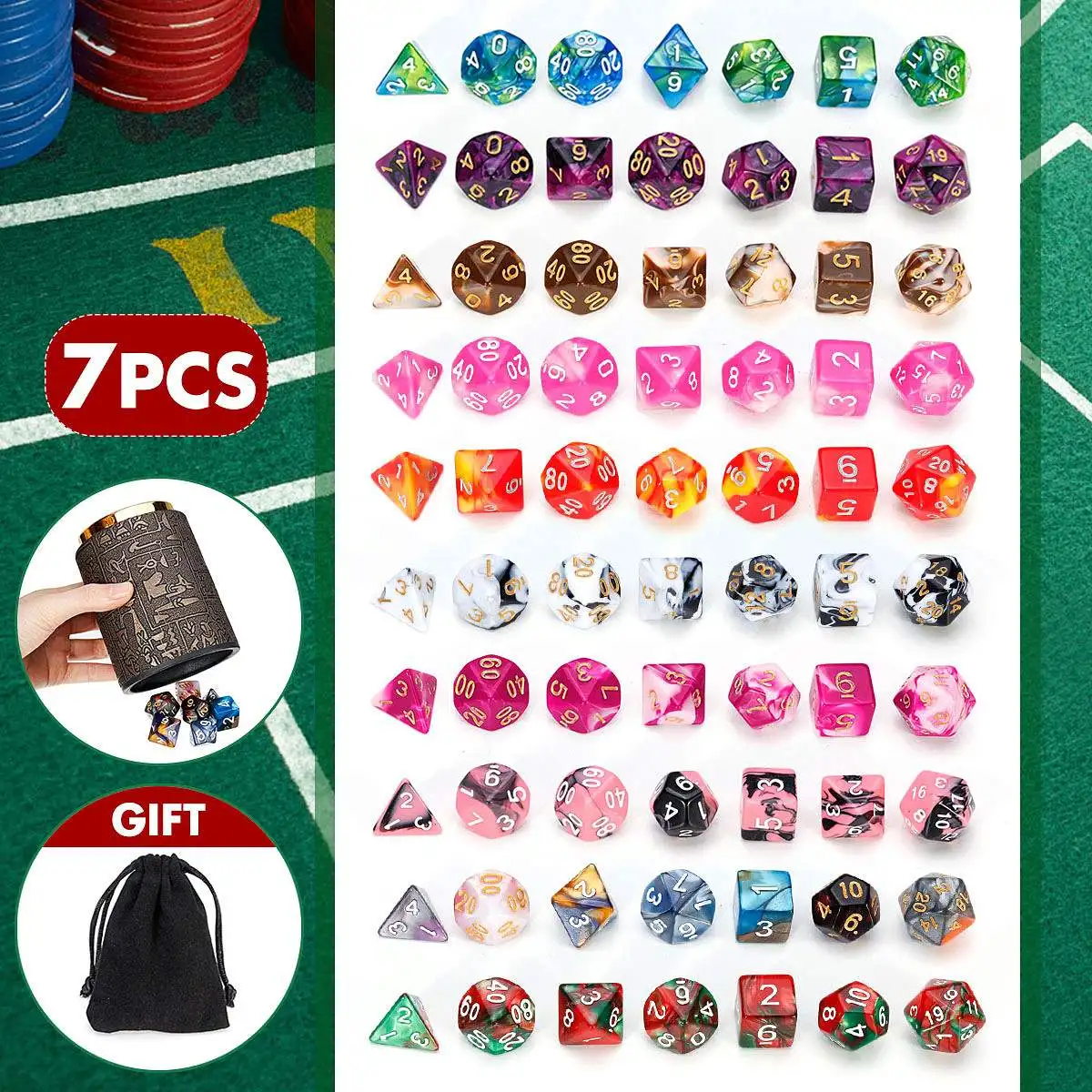 

Polyhedral Dice Set Mixed color 7pcs Dice For Dungeons and Dragons Board Games D4,D6,D8,D10,D12,D20 Dice Set With Storage Bag