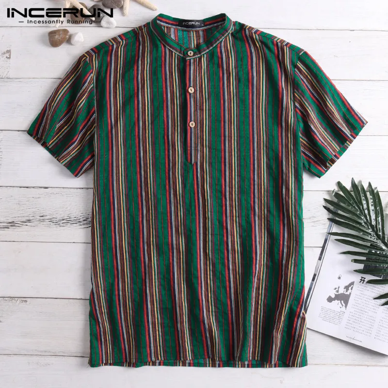 Koop Etnische Mannelijke Tops Mannen Casual Shirts Korte Mouwen Ronde Hals Losse Stand Mandarijn Kraag Vakantie Camisa Masculina Chemise Nepal