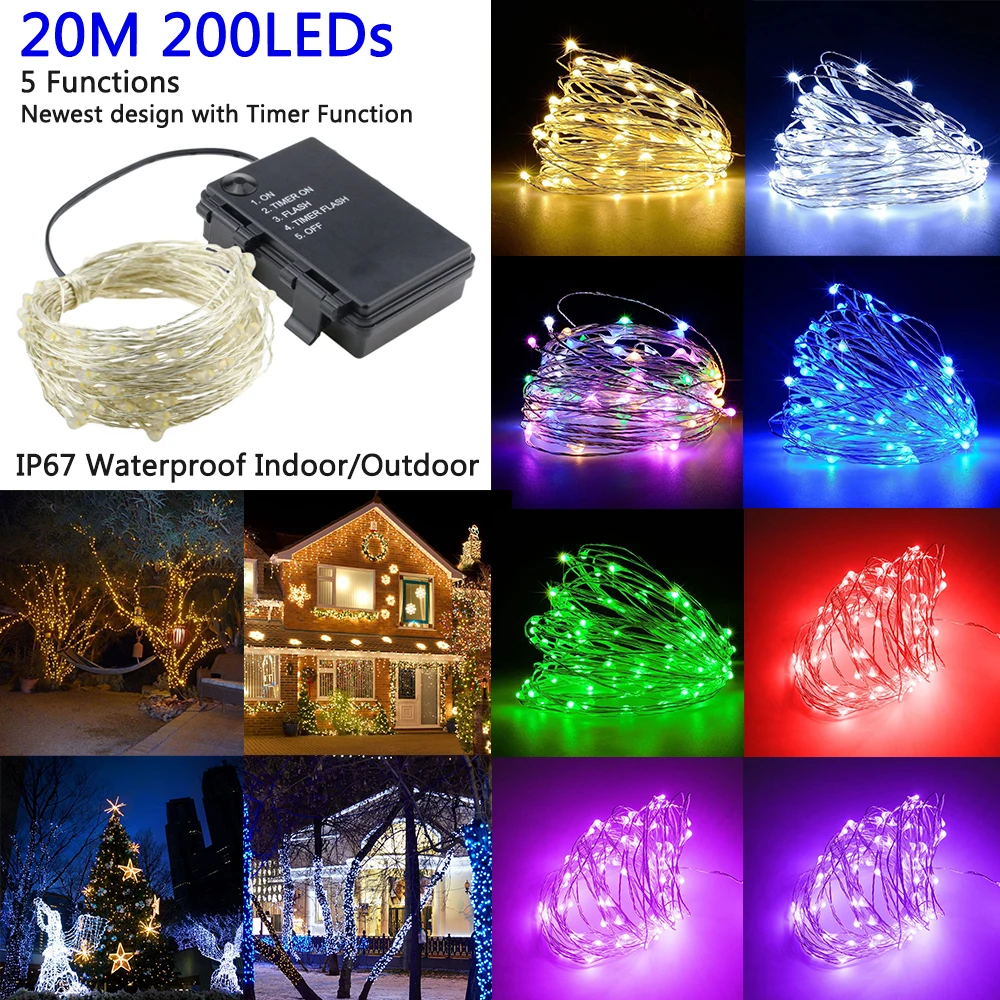 

Timer Function Battery Powered Silver Wire LED String Light Fairy Light Waterproof Home Christmas Festival Decoration D20