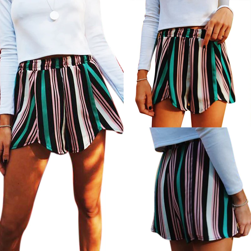 

2019 Womens Summer Casual Loose Beach Boho Shorts New Fashion Colorful High Waist Short Pants Women Sexy Striped Shorts Trousers