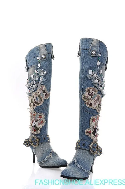

High Quality Women Wash Denim Beaded High Heel Knee Length Boots Thin Heel Motorcycle Jeans Boots Real Photo Free Ship