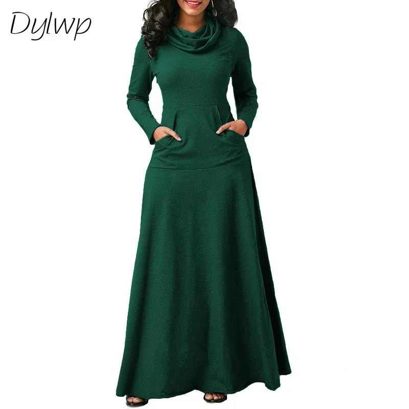 

Autumn Winter Women Warm Scarf Neck Dress Casual Long Sleeve Vintage Pocket Maxi Dress Female Solid Long Dress Plus Size S-5XL