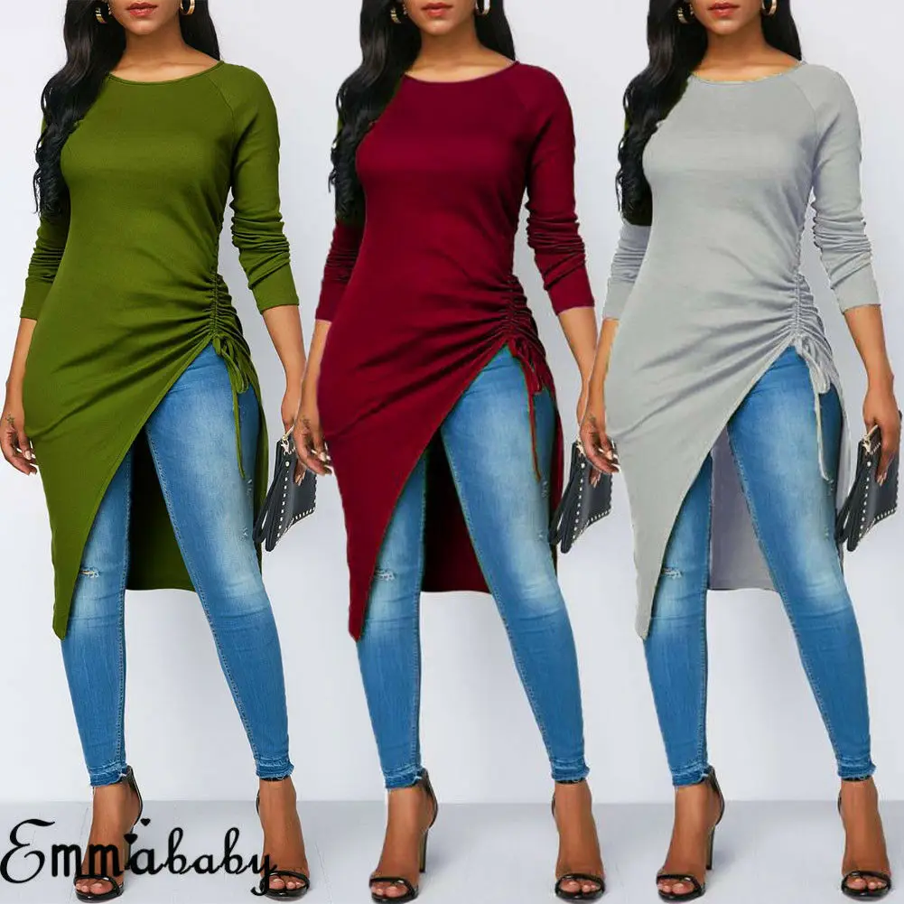 Sexy Womens Casual T-Shirts Tops Long Sleeve Asymmetrical Hem Long Length Solid Casual Tops