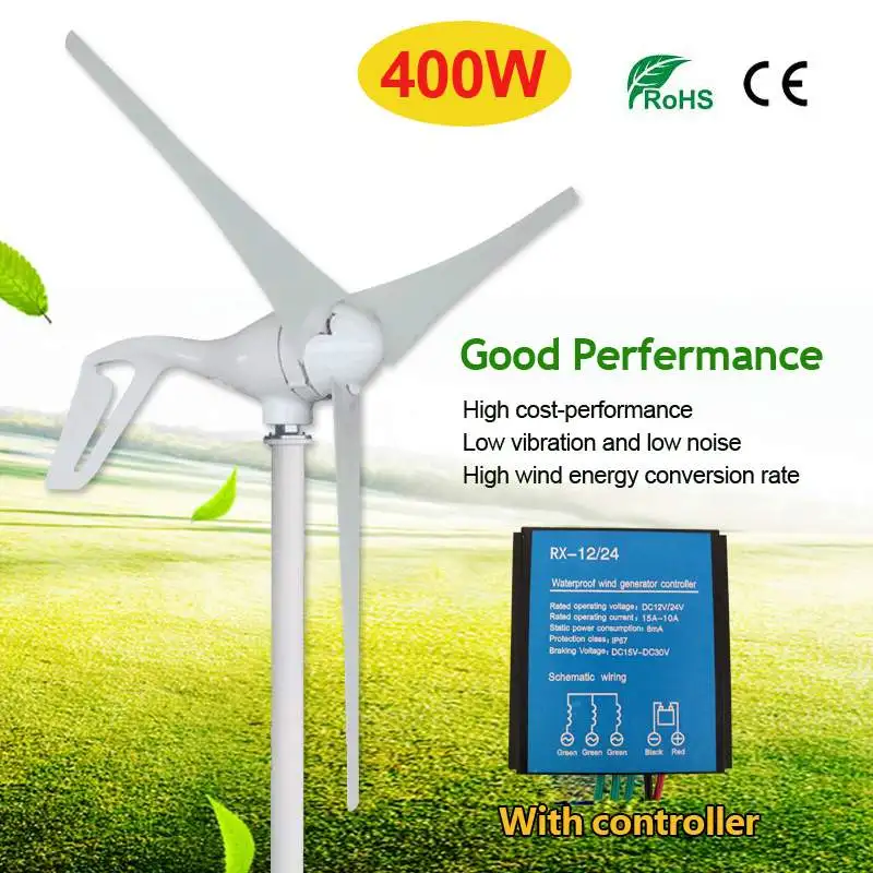 

Real 400W Wind Generator+Controller 12V 24 Volt 3 Nylon Fiber Blade Horizontal Home Wind Turbines Power Energy Turbines Charge