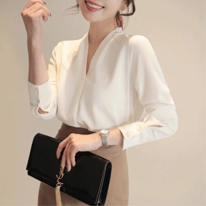 

XUXI 2019 Summer Temperament Female Solid Color Long Sleeve Shirt Fashion Harajuku V-neck Chiffon Blue White Shirt Tops FZ636