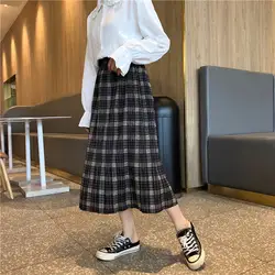 Mooirue плиссированная клетчатая юбка для женщин Корейский Эластичный Высокая талия по колено юбка Saias Англия Стиль низ