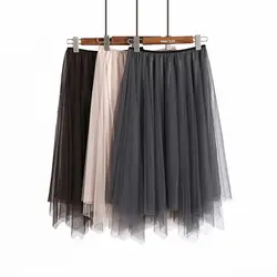 Милые женские юбки в консервативном стиле до середины икры, юбки в стиле ампир, асимметричные однотонные повседневные юбки, сетчатая