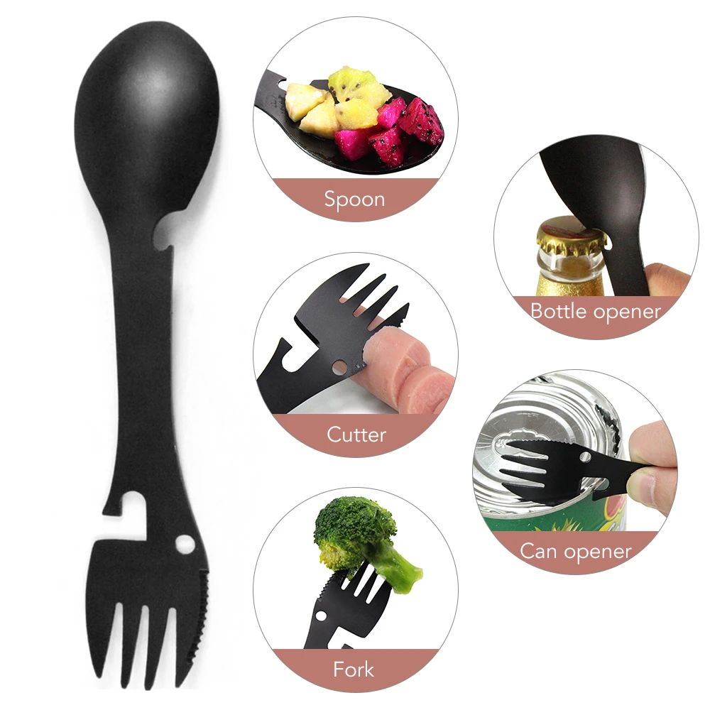 

5-IN-1 Cutlery Camping Spoon Fork Food Cutter Can Bottle Opener Multi-functional Picnic BBQ Stainless Steel Outdoor Tableware