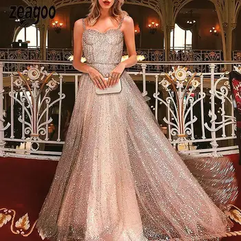 

zeagoo Women Formal Strapless Collar Sleeveless Spaghetti Sequin Strap Zipper Floor Length Medium Waist Dress Loose