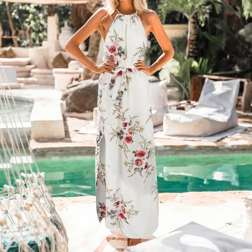 Women Dress Halter Boho Floral Maxi Long Summer Evening Party Beach Slit Spilt Navy Blue Lady Charms Fashion Hot Sundress | Женская