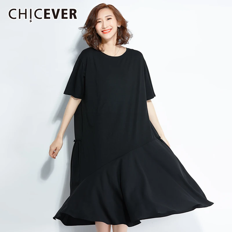 CHICEVER/Черное женское платье с круглым вырезом и коротким рукавом свободные летние