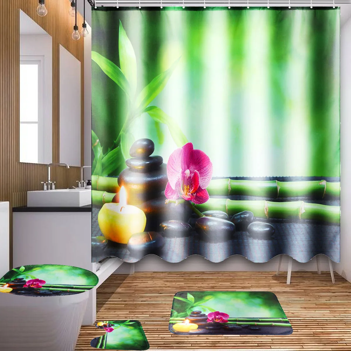 Xueqin 180x180cm Shower Curtain Chinese Style Bamboo&Pebbles Bath