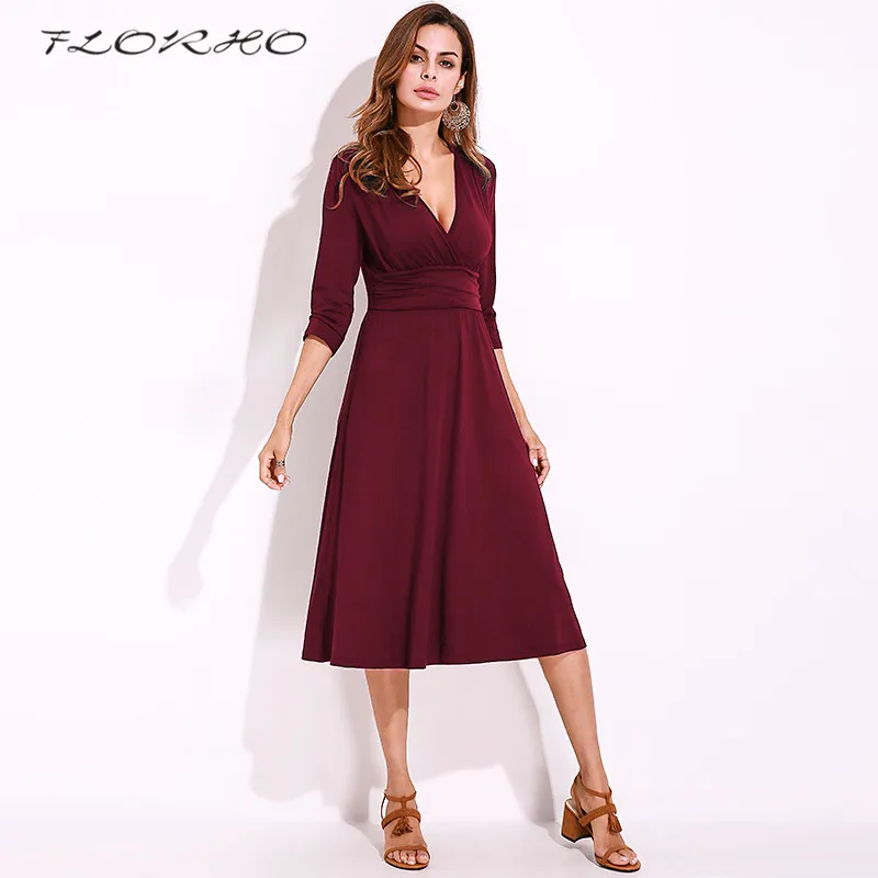 

Fashion Women Dresses Summer Solid V-neck Casual Office Dress Laides Elegant Party Sexy A Line Dress Vintage Vestidos S-3XL 2019