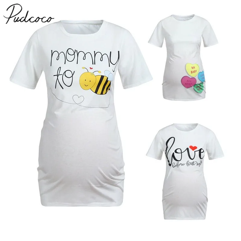 

2019 Brand New Pregnant Women Maternity Nursing Tops Plain Breastfeeding T-Shirt Casual Comfortable Bee Shortsleeve Long Tops