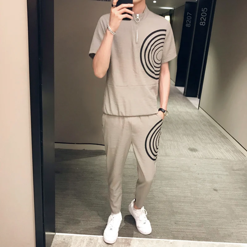 

Summer Chinese Style Solid Color Fashion Streetwear Hombre Set Men TShirt+Pant 2 Pcs Set Mens Clothing
