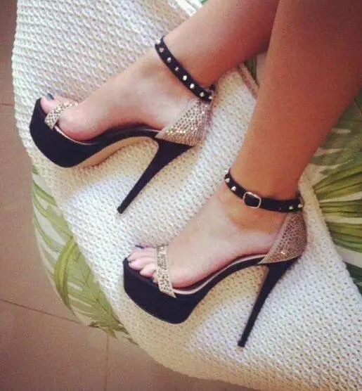 

Moraima Snc Women's Gold Platform Sandals Stiletto Heels Ankle Strap Sandals Open Toe Rivets Studded Platform Dress Shoes