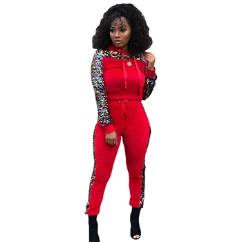 

Women 2Pcs Tracksuits Sequins Patchwork Long Sleeve Hooded Tops Casual Bodycon Club Jumpsuit