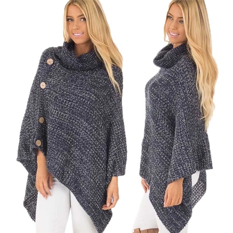 

Women Warm Long Sleeve Knitted Pullover Loose Sweater Solid Color Button High Neck Fashion Top Knitwear