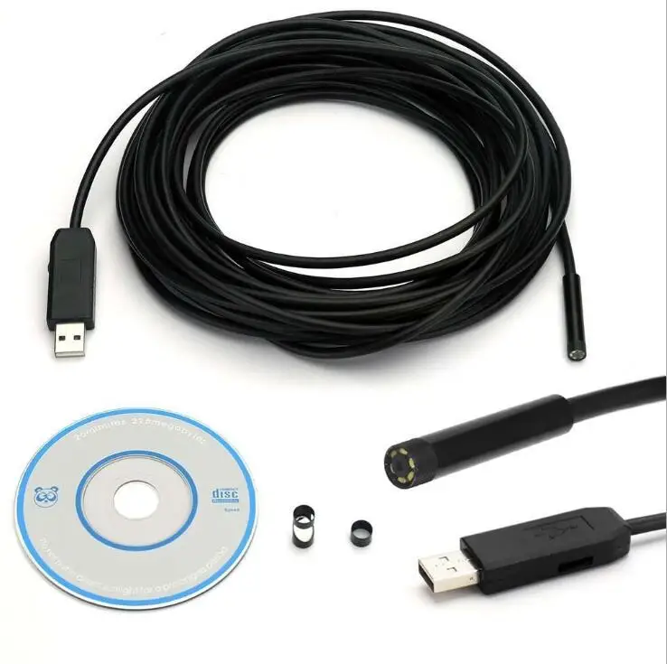 

50pcs 5M 7mm Lens USB Endoscope Waterproof 6 LED Borescope Tube Inspection Video Photo Capture Mini Camera with CD black