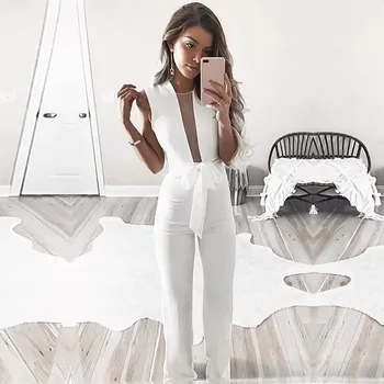 

2019 Women Sleeveless V Neck Jumpsuit Overalls Elegant Mesh Slim Rompers Beach Office Sexy Lace Up Rompers feminino