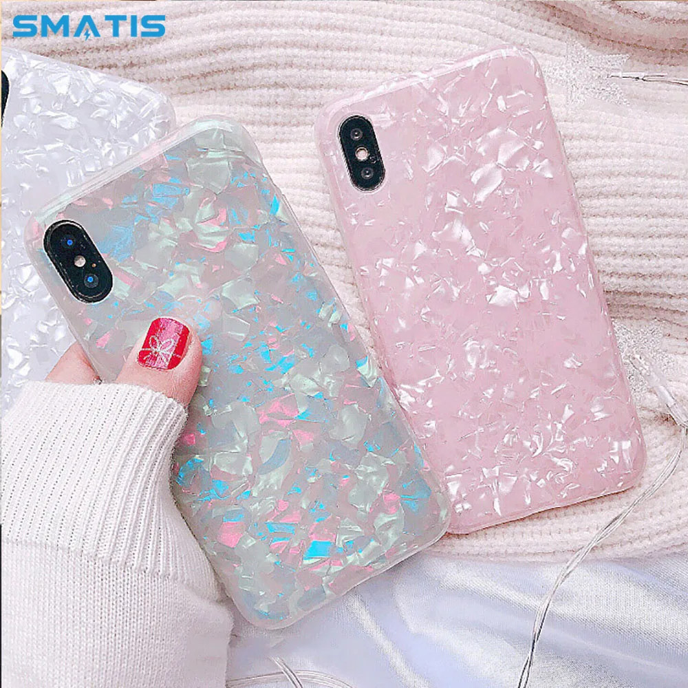 

Soft Silicone Phone Case for iPhone 7 X XR 6 Glossy White Shell Pattern Full Protection Cover for iPhone 8 6S Plus XS Max Case