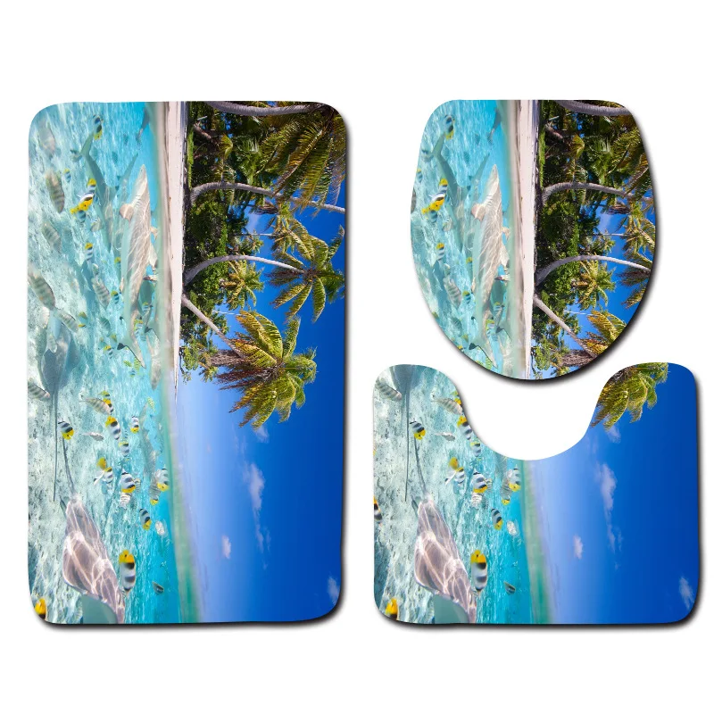 

Sea View Bath Mats 3pcs Bathroom Rugs Set 3D Toilet Mat Set Non-slip Carpet for Home Decor Blanket Doormat Blue Rugs