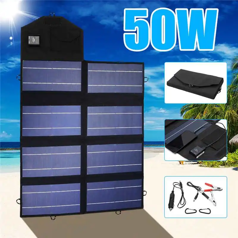  50W 12V Solar Panel Portable Dual USB Folding Charger Mobile Power Bank for Phone Battery Port for 