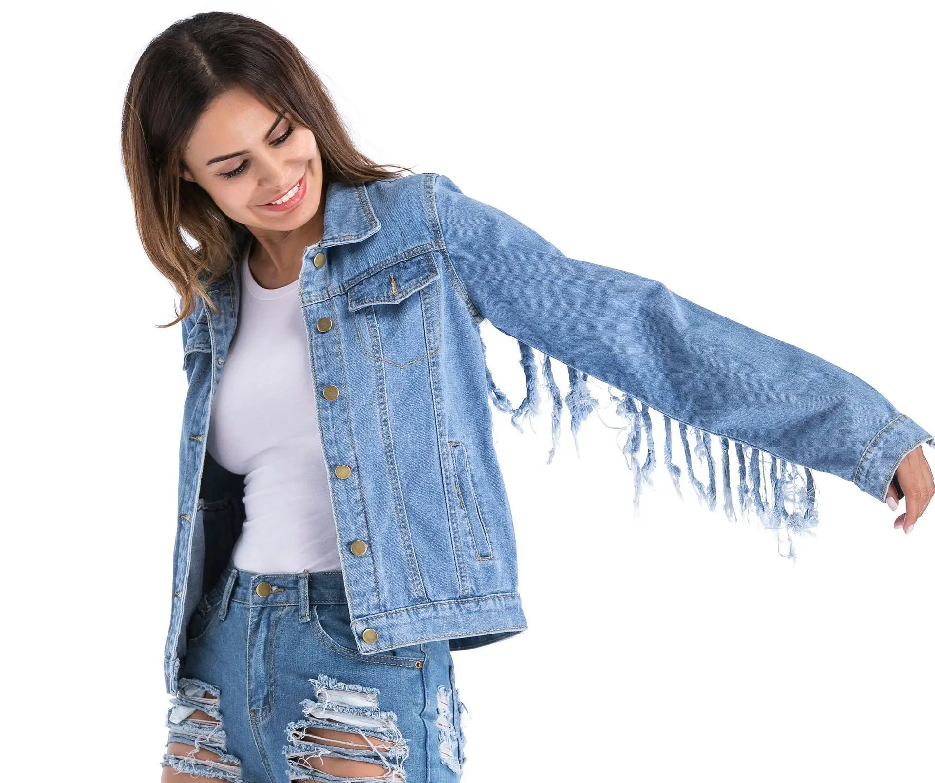 2019 Women Back Tassel Denim Coats and Jackets Long Sleeve Single Breasted Casual Jeans Jacket Causal Streetwear Plus Size 5XL