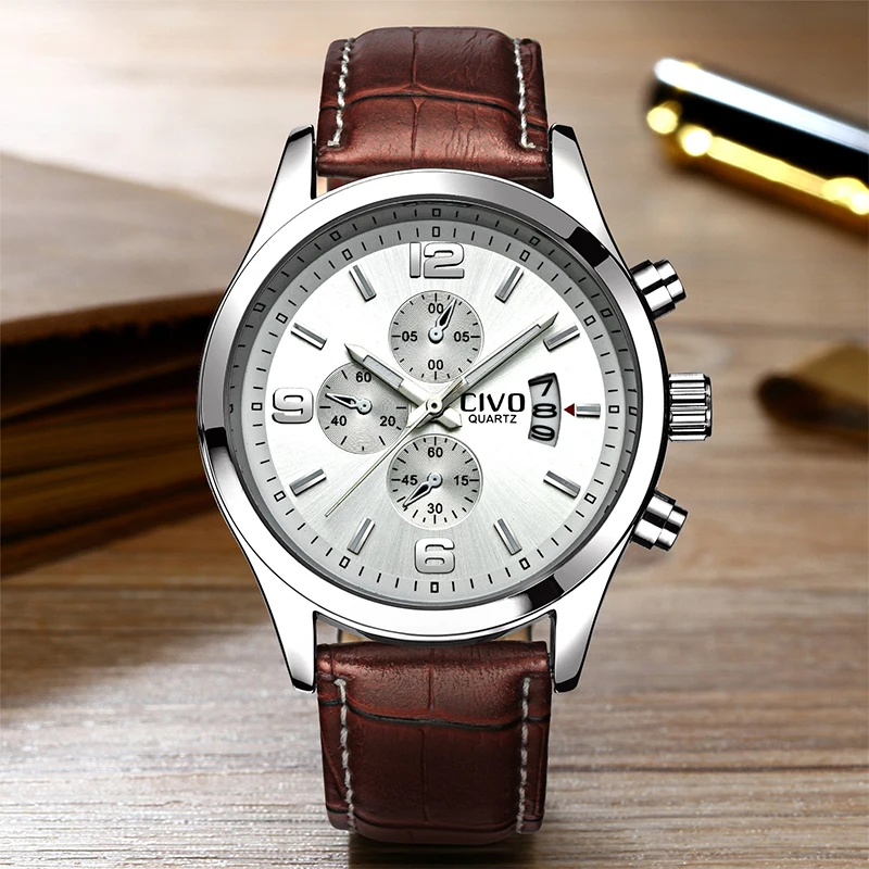 

CIVO New Fashion Genuine Leather Mens Watches Waterproof Quartz Wrist Watches Business Casual Man Clock Relogio Masculino