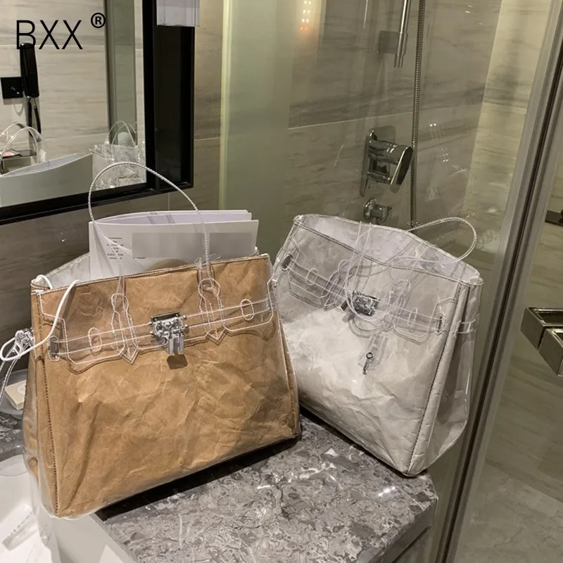 

[BXX] 2019 White Color Large Capacity PVC Transparent Adjustable Strap Lock Decoration Kraft Paper Messenger Bag Handbags NA626